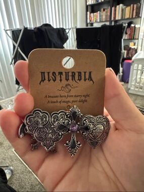 Disturbia Silver Filigree Hearts & Cross Brooch with Purple Stone